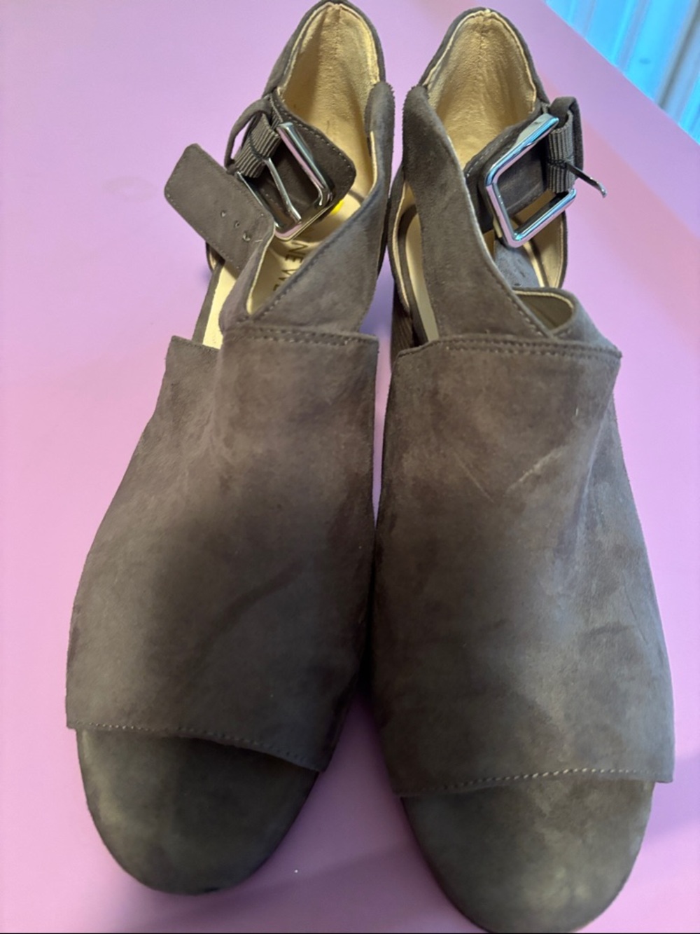 Nine West gray Suede Open-Toe Slingback Mules with Buckle